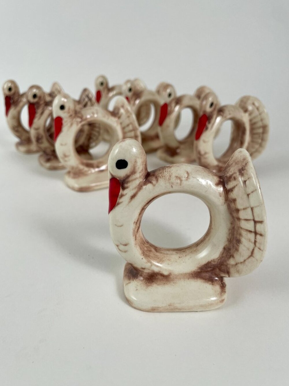 Vintage Handpainted Ceramic Turkey Napkin Rings, Set of 8